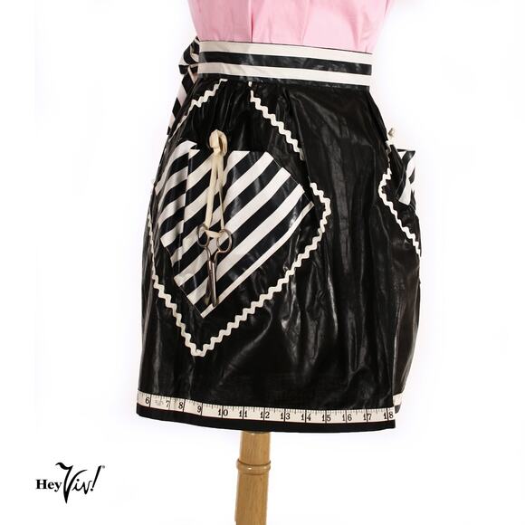 Black White Stripe Apron Glazed Chintz w Sewing Theme Goth Homemaker - Hey Viv - Picture 2 of 9